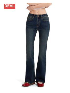 Stretchy Bootcut Jeans Raw Hem Flare Low Rise Full Length Denim
